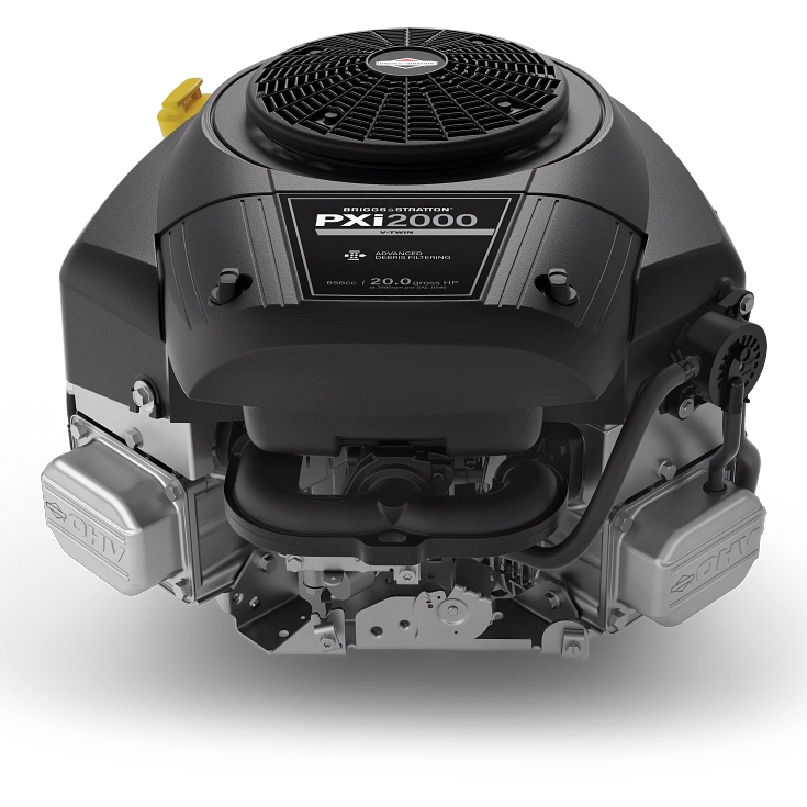 Close-up view of the Advanced Debris Filtering system on a Briggs & Stratton PXi Series V-Twin engine